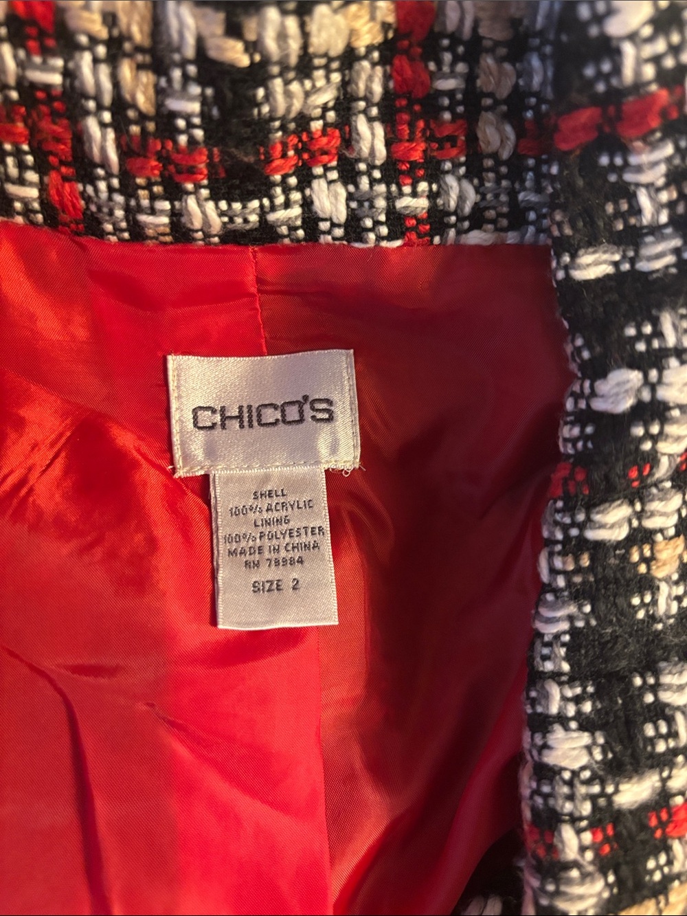 Chico's Black, White & Red Plaid Tweed Pea Coat - Picture 3 of 6